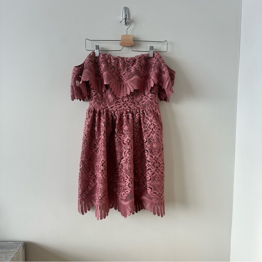 Lovers & Friends “Mauve Lace Off Shoulder Spring/Summer Wedding Guest Mini Dress - Picture 2 of 9